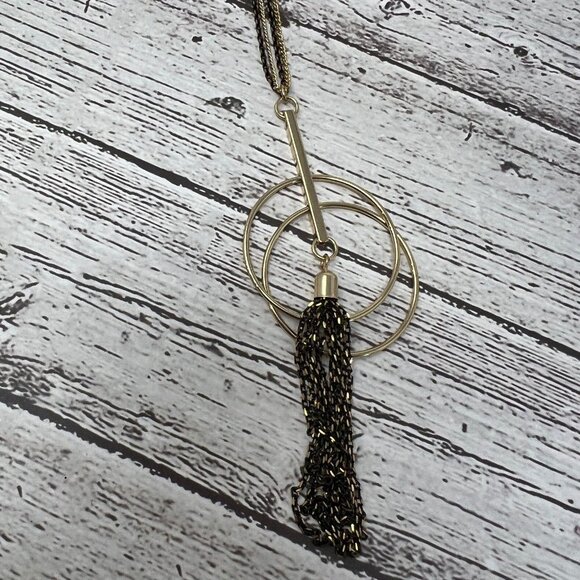 Premier Designs Necklace Black Gold Tone‎ Chains Gold Tone Pendant with Tassel - Picture 3 of 8